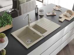 Mexen Matias granite sink 1.5-bowl with drainer and Flora kitchen faucet, beige - 6502-69-670401-00