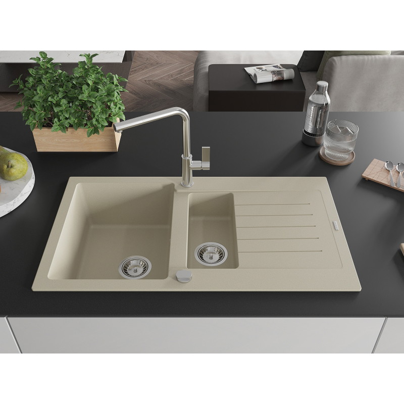 Mexen Matias granite sink 1.5-bowl with drainer and Flora kitchen faucet, beige - 6502-69-670401-00