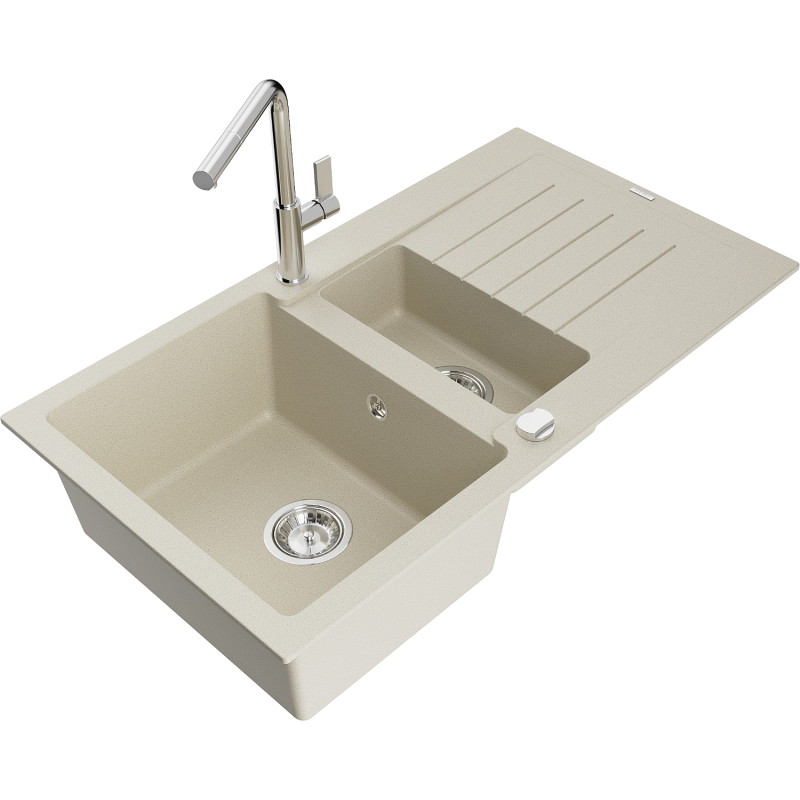 Mexen Matias granite sink 1.5-bowl with drainer and Flora kitchen faucet, beige - 6502-69-670401-00