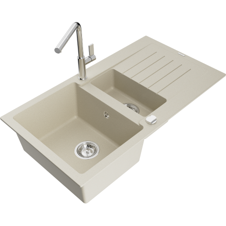 Mexen Matias granite sink 1.5-bowl with drainer and Flora kitchen faucet, beige - 6502-69-670401-00