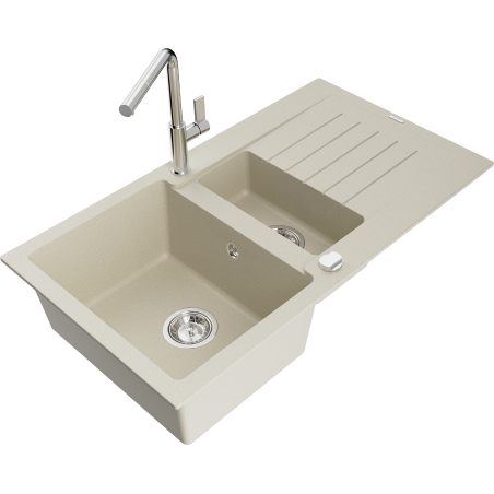 Mexen Matias Granite Sink 1.5-Bowl with Drainer and Flora Kitchen Tap, Beige - 6502-69-670401-00