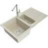 Mexen Matias 1.5-compartment granite sink with a drip tray and kitchen mixer tap Flora, Beige - 6502-69-670401-00