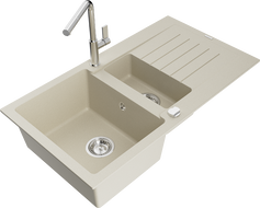 Mexen Matias 1.5-compartment granite sink with a drip tray and kitchen mixer tap Flora, Beige - 6502-69-670401-00