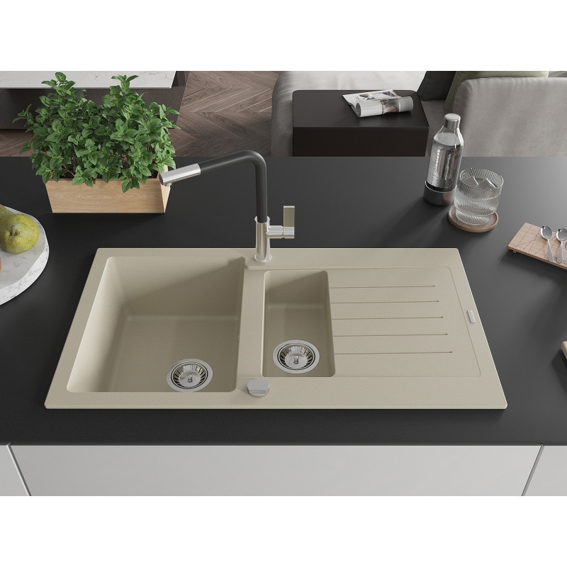 Mexen Matias 1.5-bowl granite sink with drainer and Flora kitchen faucet, beige - 6502-69-670401-07