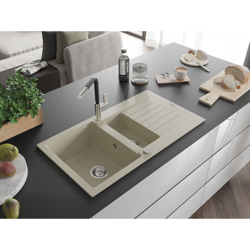 Mexen Matias granite sink 1.5-bowl with drainer and Flora kitchen tap, beige - 6502-69-670401-07