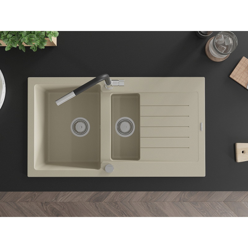 Mexen Matias 1.5-bowl granite sink with drainer and Flora kitchen faucet, beige - 6502-69-670401-07