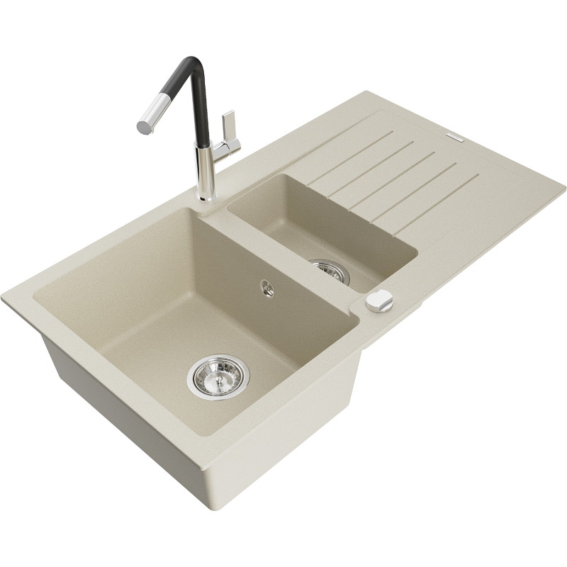 Mexen Matias 1.5-bowl granite sink with drainer and Flora kitchen faucet, beige - 6502-69-670401-07