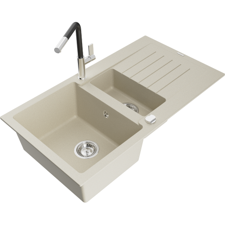 Mexen Matias 1.5-bowl granite sink with drainer and Flora kitchen faucet, beige - 6502-69-670401-07