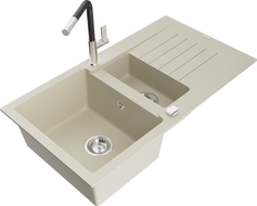 Mexen Matias 1.5-compartment granite sink with a drip tray and kitchen mixer tap Flora, Beige - 6502-69-670401-07