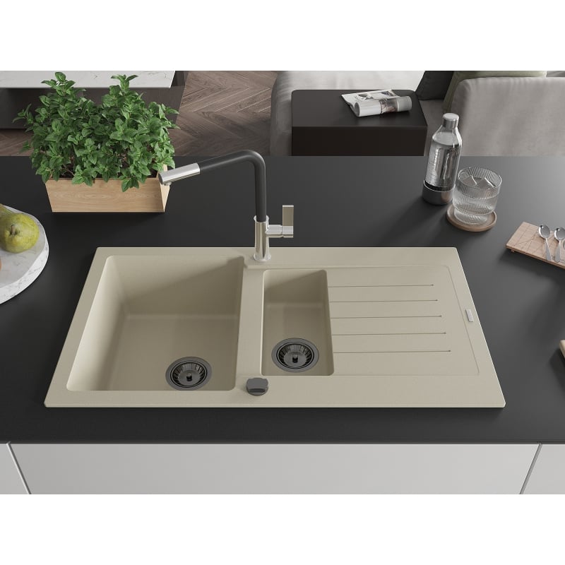 Mexen Matias granite sink 1.5-bowl with drainer and Flora kitchen faucet, beige - 6502-69-670401-07-B