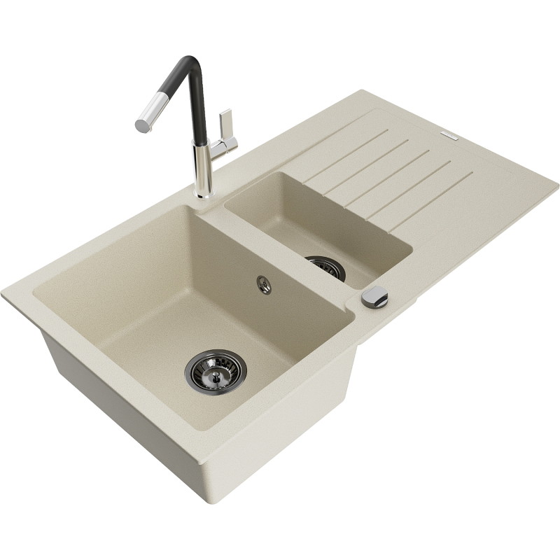 Mexen Matias granite sink 1.5-bowl with drainer and Flora kitchen faucet, beige - 6502-69-670401-07-B