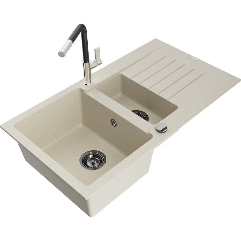 Mexen Matias granite sink 1.5-bowl with drainer and kitchen tap Flora, beige - 6502-69-670401-07-B
