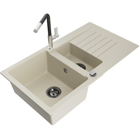 Mexen Matias granite sink 1.5-bowl with drainer and kitchen tap Flora, beige - 6502-69-670401-07-B