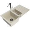 Mexen Matias 1.5-compartment granite sink with a drip tray and kitchen mixer tap Flora, Beige - 6502-69-670401-07-B