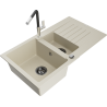 Mexen Matias granite sink 1.5-bowl with drainer and Flora kitchen faucet, beige - 6502-69-670401-07-B