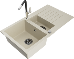 Mexen Matias 1.5-compartment granite sink with a drip tray and kitchen mixer tap Flora, Beige - 6502-69-670401-07-B