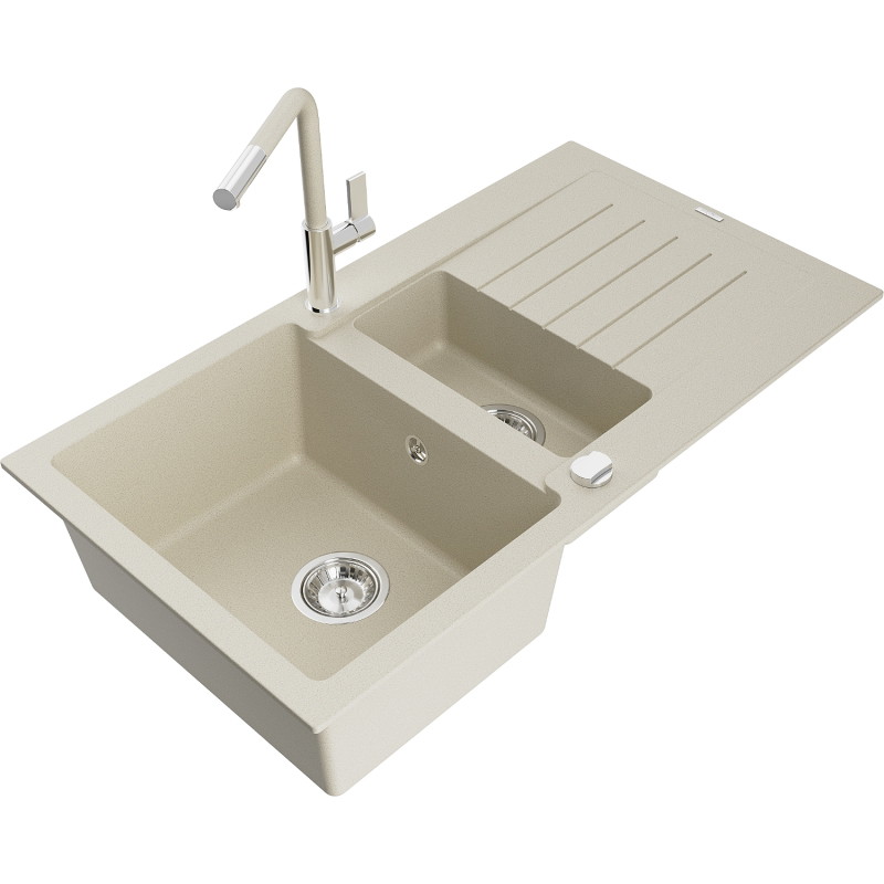 Mexen Matias 1.5-bowl granite sink with drainer and Flora kitchen faucet, beige - 6502-69-670401-09