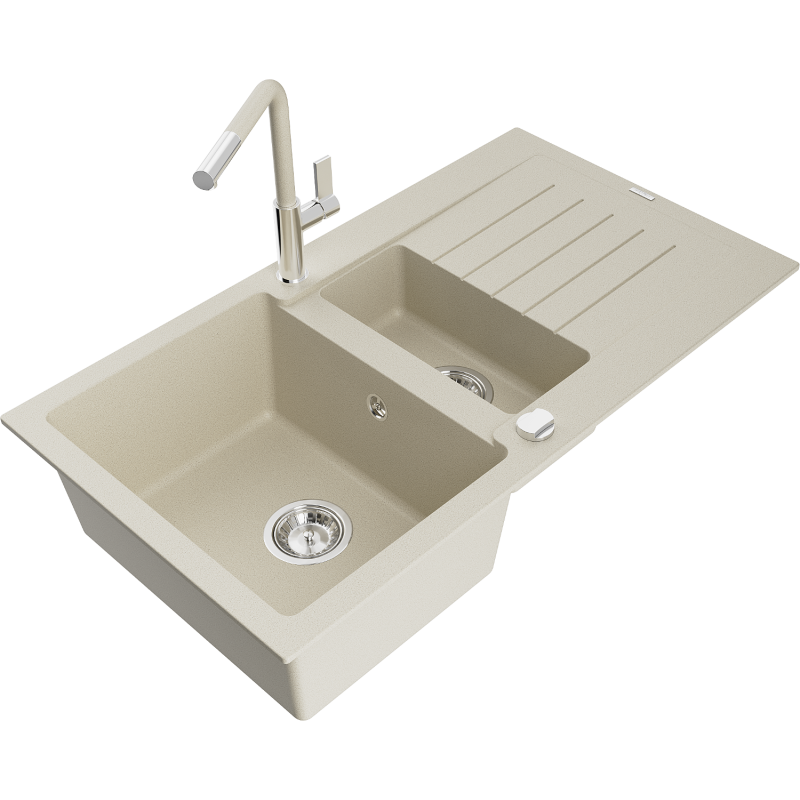 Mexen Matias granite sink 1.5-bowl with drainer and Flora kitchen tap, beige - 6502-69-670401-09