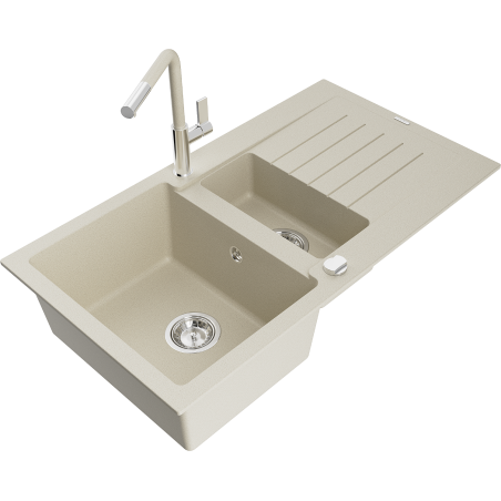 Mexen Matias 1.5-bowl granite sink with drainer and Flora kitchen faucet, beige - 6502-69-670401-09