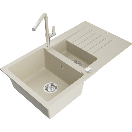 Mexen Matias granite sink 1.5-bowl with drainer and Flora kitchen tap, beige - 6502-69-670401-09