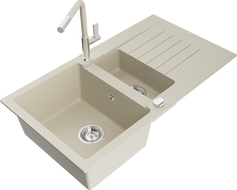 Mexen Matias 1.5-compartment granite sink with a drip tray and kitchen mixer tap Flora, Beige - 6502-69-670401-09