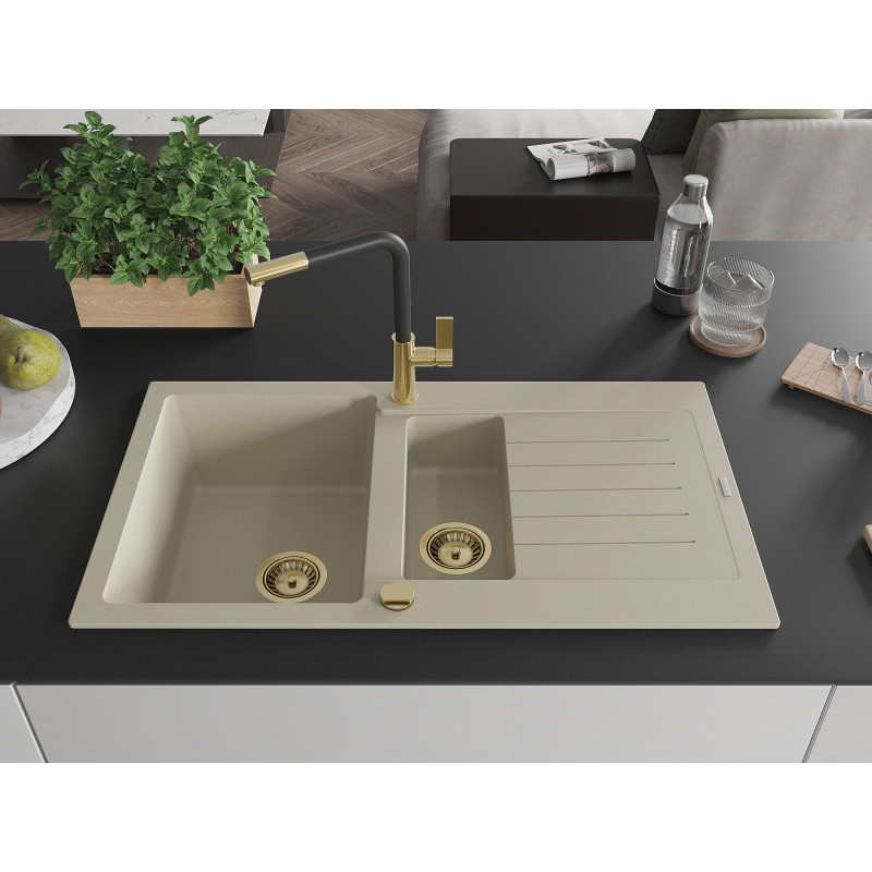 Mexen Matias granite kitchen sink 1.5-bowl with drainer and Flora kitchen faucet, beige - 6502-69-670401-57-G