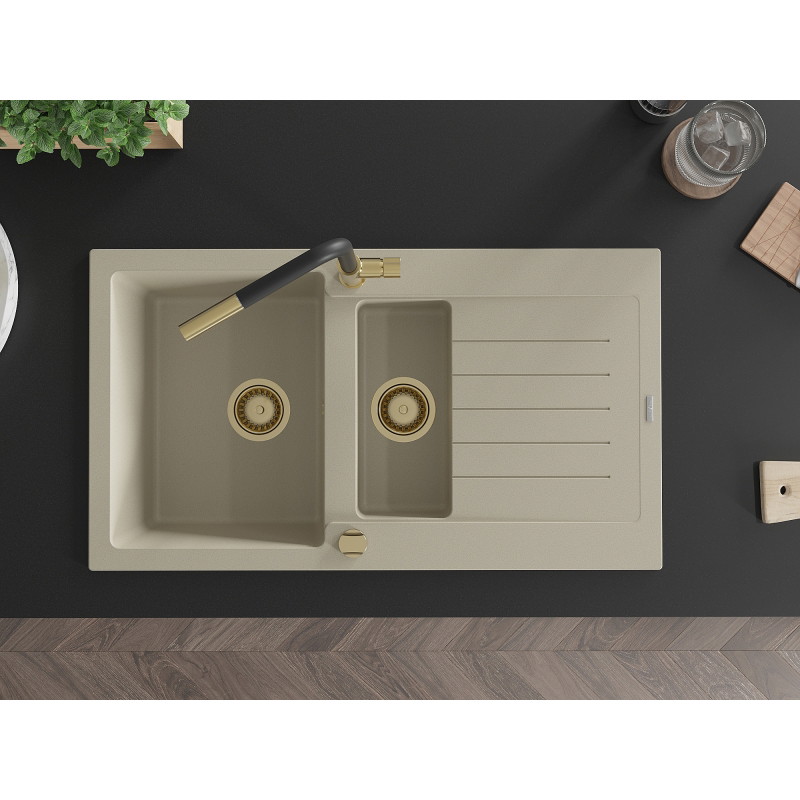 Mexen Matias granite kitchen sink 1.5-bowl with drainer and Flora kitchen faucet, beige - 6502-69-670401-57-G
