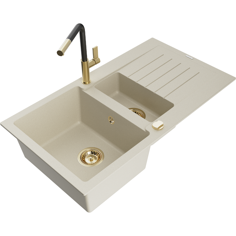 Mexen Matias 1.5-compartment granite sink with a drip tray and kitchen mixer tap Flora, Beige - 6502-69-670401-57-G