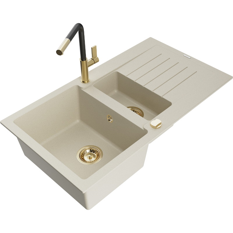 Mexen Matias granite kitchen sink 1.5-bowl with drainer and Flora kitchen faucet, beige - 6502-69-670401-57-G