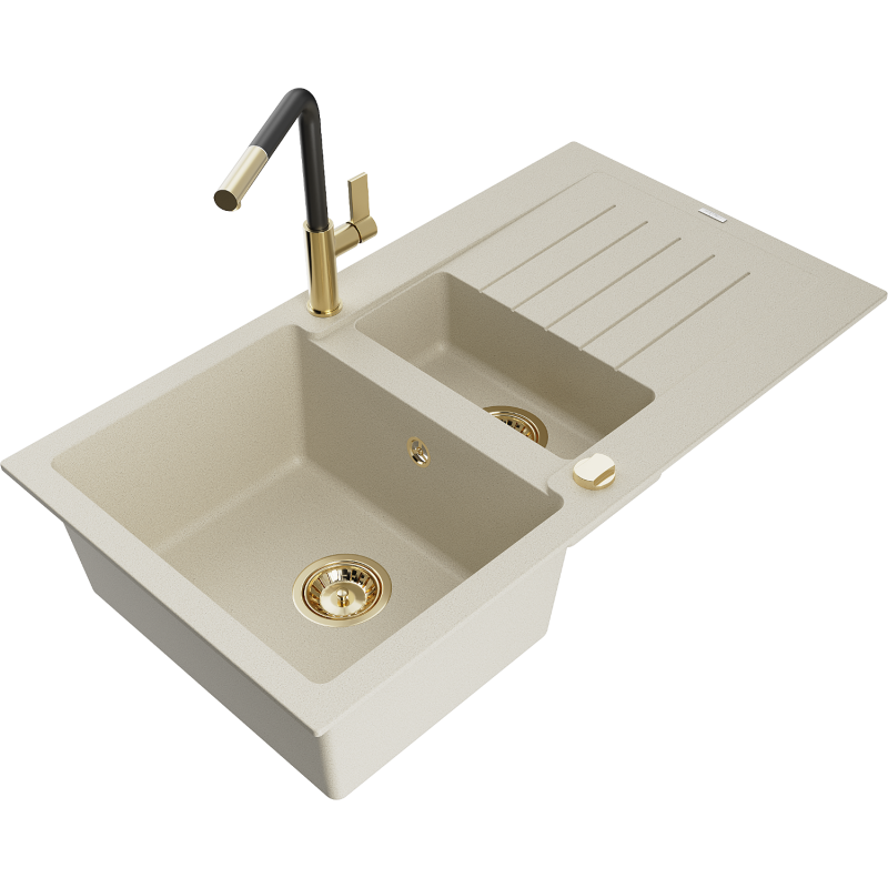 Mexen Matias granite kitchen sink 1.5-bowl with drainer and Flora kitchen tap, beige - 6502-69-670401-57-G
