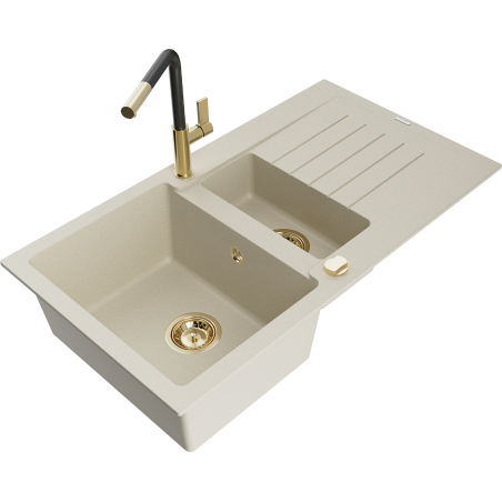 Mexen Matias granite kitchen sink 1.5-bowl with drainer and Flora kitchen tap, beige - 6502-69-670401-57-G