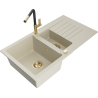 Mexen Matias 1.5-compartment granite sink with a drip tray and kitchen mixer tap Flora, Beige - 6502-69-670401-57-G