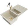 Mexen Matias granite kitchen sink 1.5-bowl with drainer and Flora kitchen faucet, beige - 6502-69-670401-57-G