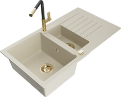 Mexen Matias granite kitchen sink 1.5-bowl with drainer and Flora kitchen faucet, beige - 6502-69-670401-57-G