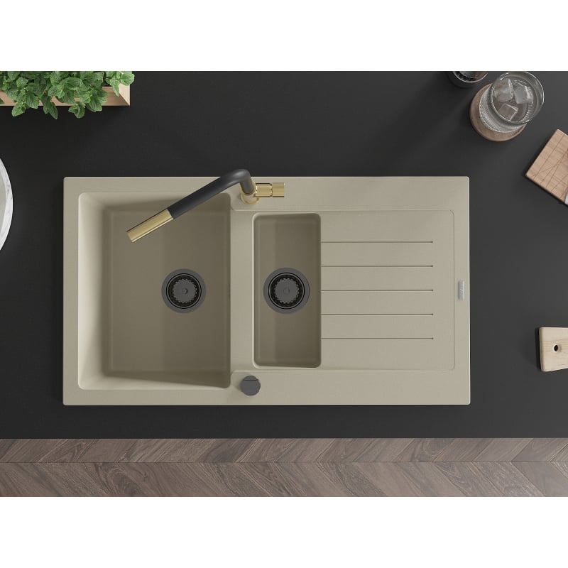 Mexen Matias granite kitchen sink 1.5-bowl with drainer and Flora kitchen faucet, beige - 6502-69-670401-57-B