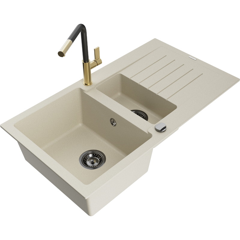 Mexen Matias 1.5-bowl granite sink with drainer and Flora kitchen faucet, beige - 6502-69-670401-57-B