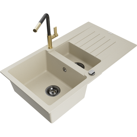Mexen Matias granite kitchen sink 1.5-bowl with drainer and Flora kitchen faucet, beige - 6502-69-670401-57-B
