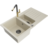 Mexen Matias 1.5-bowl granite sink with drainer and Flora kitchen faucet, beige - 6502-69-670401-57-B