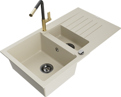Mexen Matias granite kitchen sink 1.5-bowl with drainer and Flora kitchen faucet, beige - 6502-69-670401-57-B