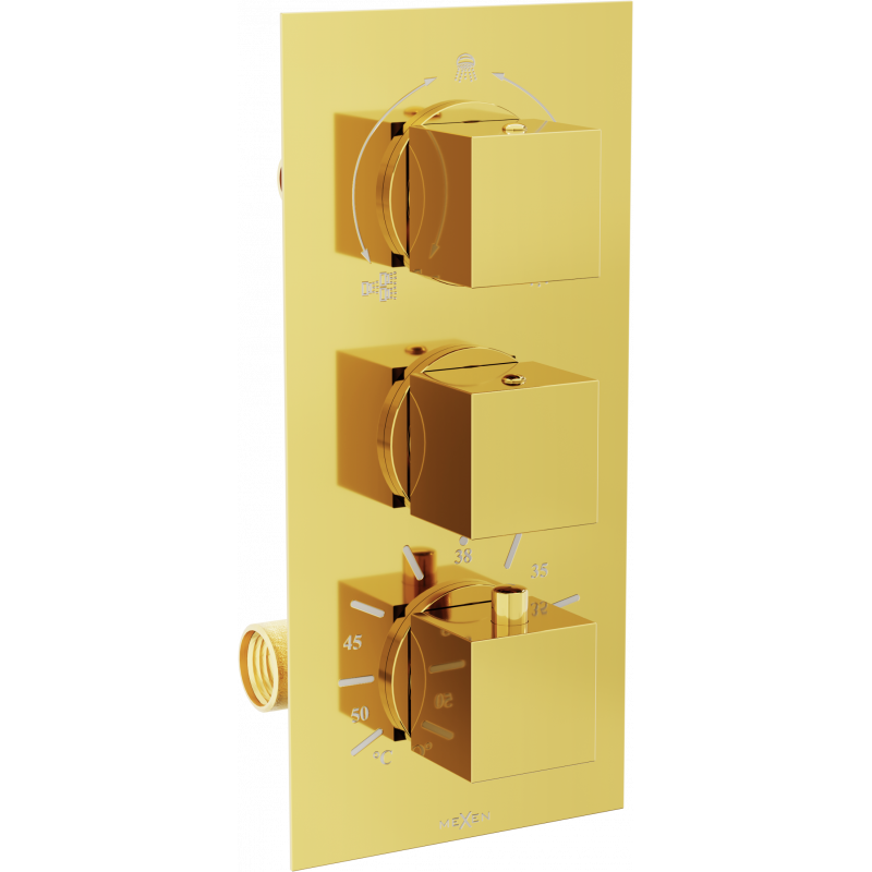 Mexen Cube 3-outlet thermostatic bathtub and shower mixer tap, Gold - 77503-50