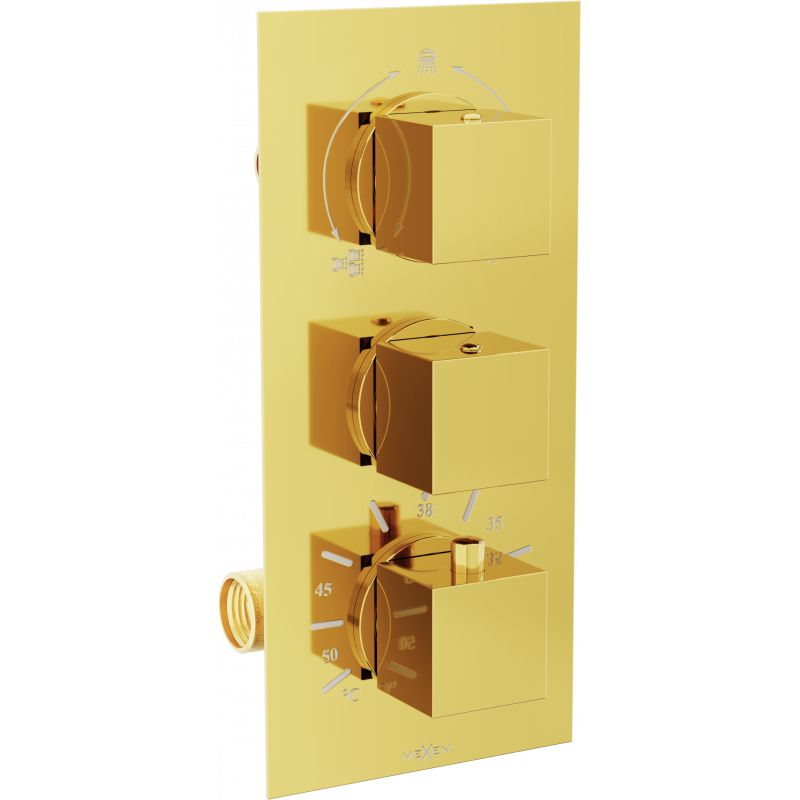 Mexen Cube 3-way gold bathtub and shower thermostat mixer tap - 77503-50