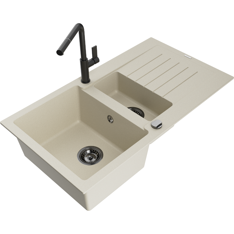 Mexen Matias 1.5-compartment granite sink with a drip tray and kitchen mixer tap Flora, Beige - 6502-69-670401-70-B