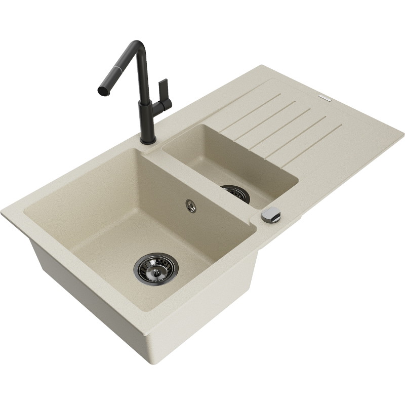 Mexen Matias granite sink 1.5-bowl with drainer and Flora kitchen faucet, beige - 6502-69-670401-70-B