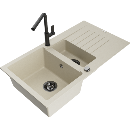 Mexen Matias 1.5-compartment granite sink with a drip tray and kitchen mixer tap Flora, Beige - 6502-69-670401-70-B