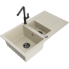 Mexen Matias 1.5-compartment granite sink with a drip tray and kitchen mixer tap Flora, Beige - 6502-69-670401-70-B
