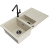 Mexen Matias granite sink 1.5-bowl with drainer and Flora kitchen faucet, beige - 6502-69-670401-70-B