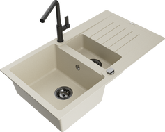 Mexen Matias 1.5-compartment granite sink with a drip tray and kitchen mixer tap Flora, Beige - 6502-69-670401-70-B