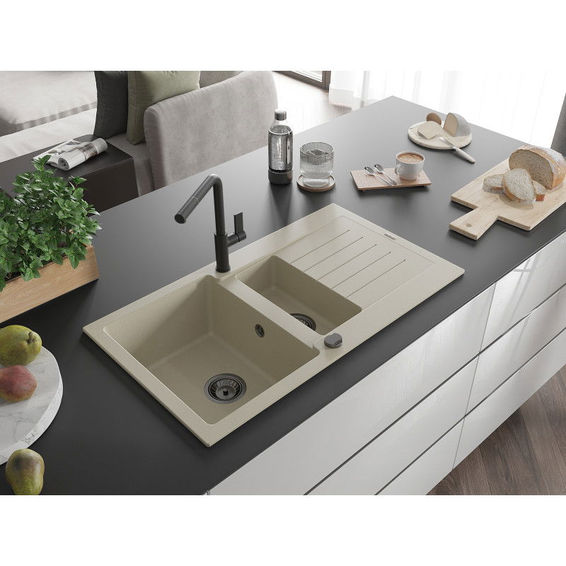 Mexen Matias granite sink 1.5-bowl with drainer and Flora kitchen tap, beige - 6502-69-670401-70-B