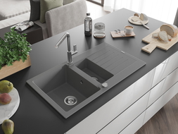 Mexen Matias 1.5-compartment granite sink with a drip tray and kitchen mixer tap Flora, Grey - 6502-71-670401-00