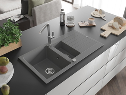 Mexen Matias granite sink 1.5-bowl with drainer and Flora kitchen faucet, gray - 6502-71-670401-00